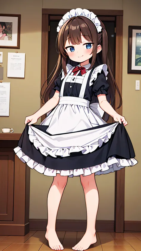 {Highest quality], [Super beautiful], [Ultra fine], [Best illustration], NSFW,Brown Hair, Hime cut, Long Hair, With bangs, girl, smile, blush, Slender women,Maid clothes,Short sleeve,Long straight skirt, Adult women,Coffee shop,diagonal,Bare feet and pumps...