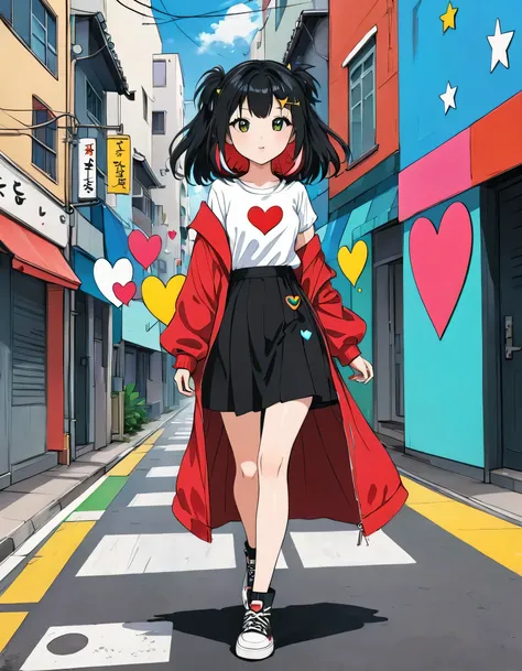 Black Star Red and White style, Simple Line Initialism，Abstract art，Urban Background, colorful hearts ,(((The most beautiful girl of all time))), walking, Cute and colorful amoeba, Harajuku Fashion