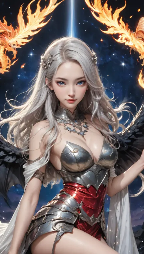 8K resolution, masterpiece, Highest quality, Award-winning works, unrealistic, From above, erotic, sole sexy lady, healthy shaped body, 22 years old, dark knight, 170cm tall, huge firm bouncing busts,, white silver long wavy hair, Detailed facial depiction...