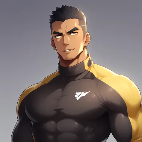 anime characters：Gyee, Muscle Sports Student, negro black skin, 1 dark skin muscular tough guy, Manliness, male focus, Light yellow high collar long sleeve tight T-shirt, Slightly transparent material, Very tight, Round, full and perky chest muscles, Sligh...