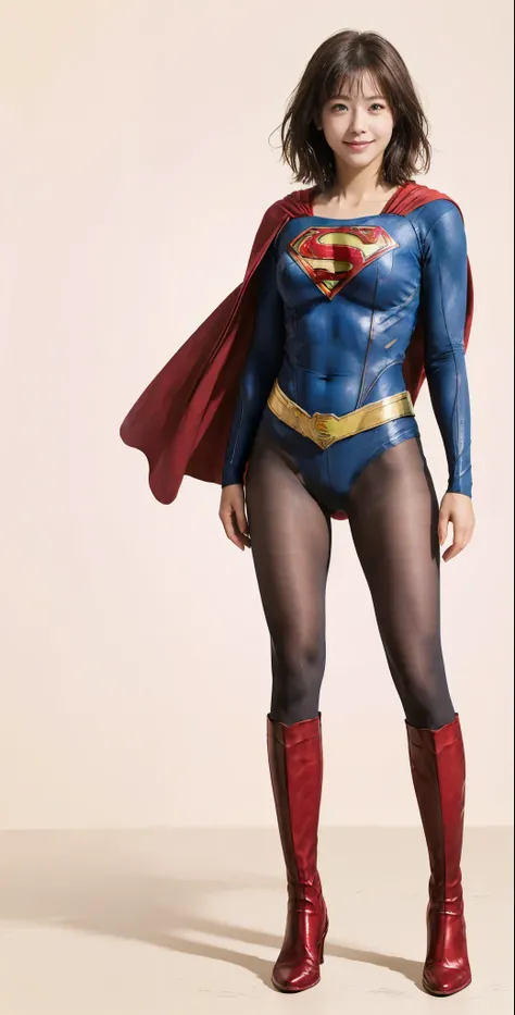 No background、(((Beautiful legs in black tights.)))、(((Legally express the beauty of your smile)))、((((Make the most of your original images)))、(((Supergirl Costume)))、(((Beautiful very short hair)))、(((suffering)))、(((Please wear black tights....、Wear red...