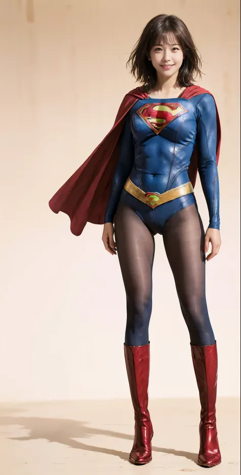 No background、(((Beautiful legs in black tights.)))、(((Legally express the beauty of your smile)))、((((Make the most of your original images)))、(((Supergirl Costume)))、(((Beautiful very short hair)))、(((suffering)))、(((Please wear black tights....、Wear red...