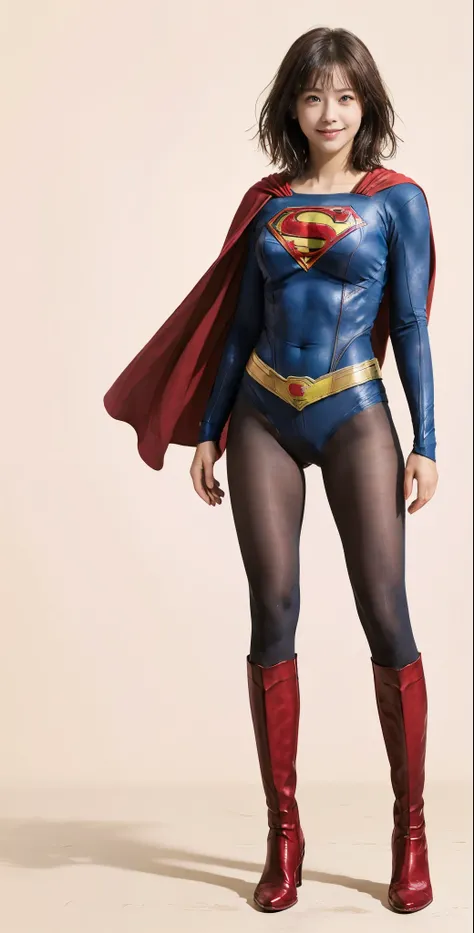 No background、(((Beautiful legs in black tights.)))、(((Legally express the beauty of your smile)))、((((Make the most of your original images)))、(((Supergirl Costume)))、(((Beautiful very short hair)))、(((suffering)))、(((Please wear black tights....、Wear red...