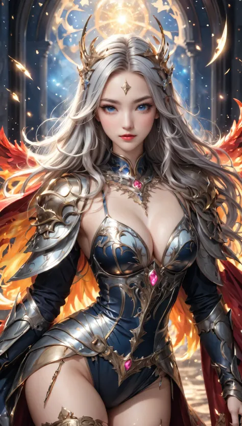 8K resolution, masterpiece, Highest quality, Award-winning works, unrealistic, From above, erotic, sole sexy lady, healthy shaped body, 22 years old, dark knight, 170cm tall, huge firm bouncing busts,, white silver long wavy hair, Detailed facial depiction...