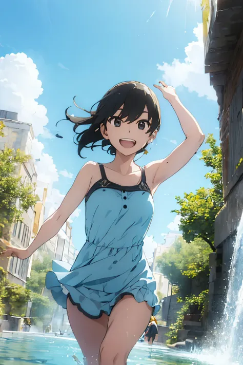 ((best quality)) ((high quality)) yor forger at water fall smiling and throwing water in air wearing cute frock swim suit