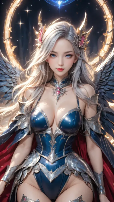 8K resolution, masterpiece, Highest quality, Award-winning works, unrealistic, From above, erotic, sole sexy lady, healthy shaped body, 22 years old, dark knight, 170cm tall, huge firm bouncing busts,, white silver long wavy hair, Detailed facial depiction...