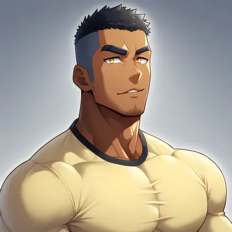 anime characters：gyee, muscle sports student, negro black skin, 1 dark skin muscular tough guy, manliness, male focus, light yel...