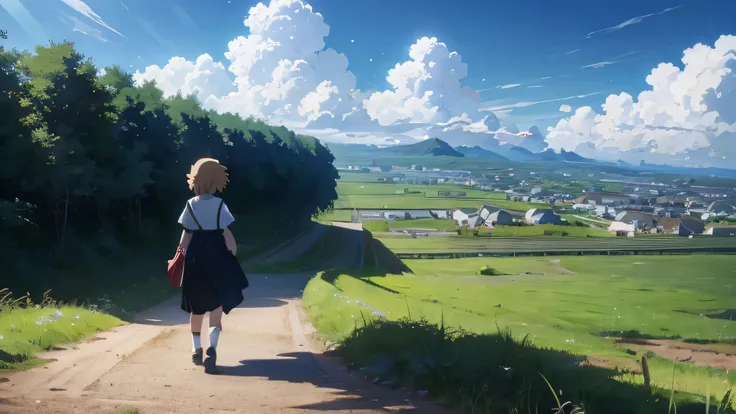 アニメ girl standing on a dirt road in front of a field, アニメ countryside landscape, beautiful fluffy clouds. アニメ, アニメ movie backgro...