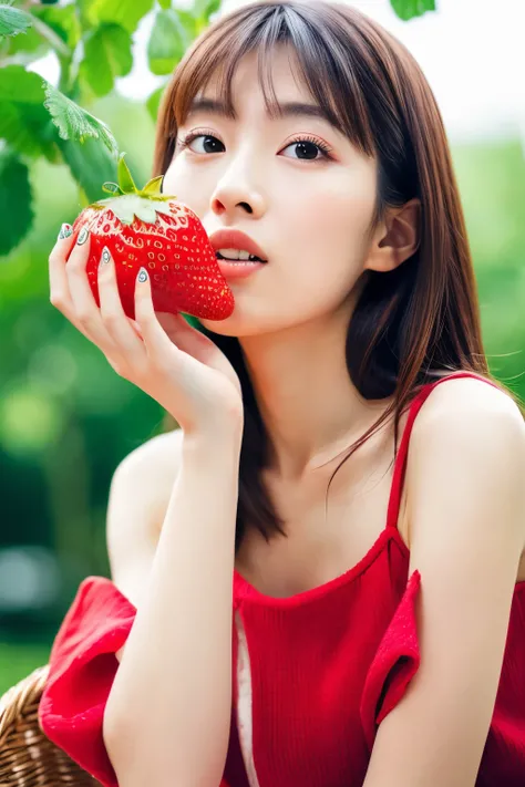 Masterpiece, high quality, high resolution, 8K, HD, creative photo, ((Correct human body structure)), (detailed face, detailed eyes), A Japanese woman, holding a big strawberry