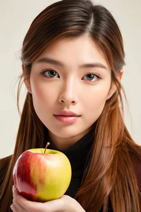 Masterpiece, high quality, high resolution, 8K, HD, creative photo, ((Correct human body structure)), (detailed face, detailed eyes), A Japanese woman, holding only one apple