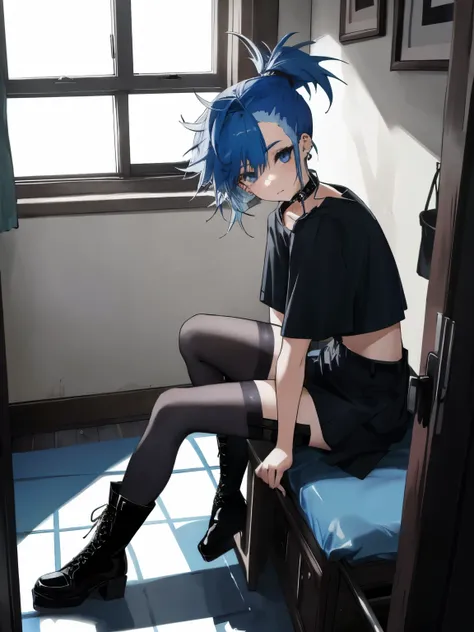 1girl, blue hair, messy hair with shaved sides, indoors, sitting on floor, looking at viewer, black cropped shirt, short sleeves, collar, stockings, goth boots