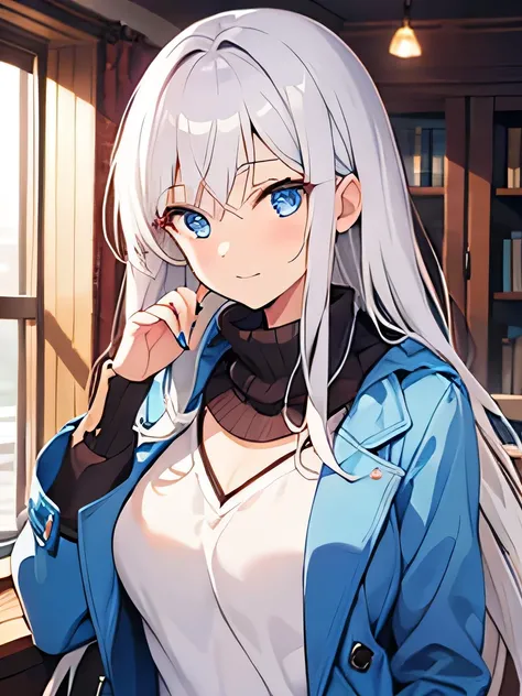 Long white hair, adult, casual, blue eyes, light coat, female, DD-cups