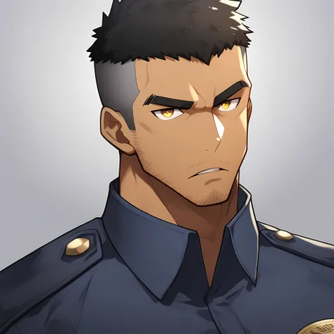 anime characters：Gyee, Muscular male police officer, negro black skin, Dark-skinned male police officer, Manliness, male focus, Tight-fitting police uniform, Black tight T-shirt with a high collar, Very tight, Round, full and perky chest muscles, Slightly ...