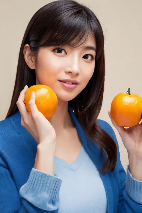 Masterpiece, high quality, high resolution, 8K, HD, creative photo, ((Correct human body structure)), (detailed face, detailed eyes), A Japanese woman, holding oranges with each hand