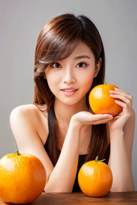 Masterpiece, high quality, high resolution, 8K, HD, creative photo, ((Correct human body structure)), (detailed face, detailed eyes), A Japanese woman, holding oranges with each hand