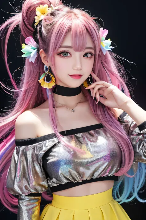 "Generate a highly detailed, vertical portrait of a beautiful Japanese girl with dual-colored hair, silver on the left side and black on the right side, with the tips dyed bright yellow. Her long hair flows in the wind, creating a striking visual effect. S...