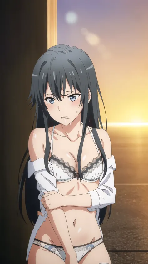 {Yukinoshita_yukino_yahariorenoseishunlovecomewamachigatteiru:1.15},black hair, blue_eyes,squinting , 1 girl,,alone, hair between eyes,(torn clothes,White , white lace bra:1.5),strong facial expression,(sharp eye:1.2),(scowl:1.45),, bare shoulders,, cleava...