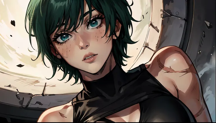 (masterpiece:1.2, best quality:1.2, beautiful, high quality, highres:1.1), detailed, short hair, short fluffy hair, short green hair, extremely detailed 4K, perfect eyes, perfect face, scar on body, circle glasses, Maki Zenin LoRA, black shirt, sleeveless,...