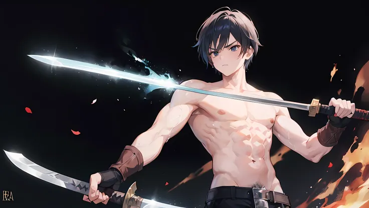 boy,without shirt,ready to fight,sword in hand,war background,perfect face ,8k,masterpiece,ultrasharp,shonen