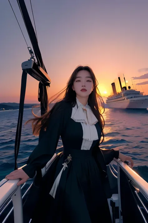 8K, masterpiece, 아름다운 커플 on a boat at sunset, titanic, At sea, rotoscoped, Carl Eugen Kiel(Carl Eugen Keel)Works inspired by, at sunset, Thrilling and romantic, movie stills, by Susan Heidi, By Thomas Dalziel, Inspired by Hans Price, cinematics, at dusk!, ...