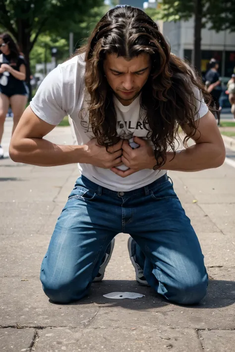  adult male with long curly hair kneeling on the ground while peeing in his pants desperately in public. other people are watching him pee himself and he is upset about his accident. he is a crying teen.