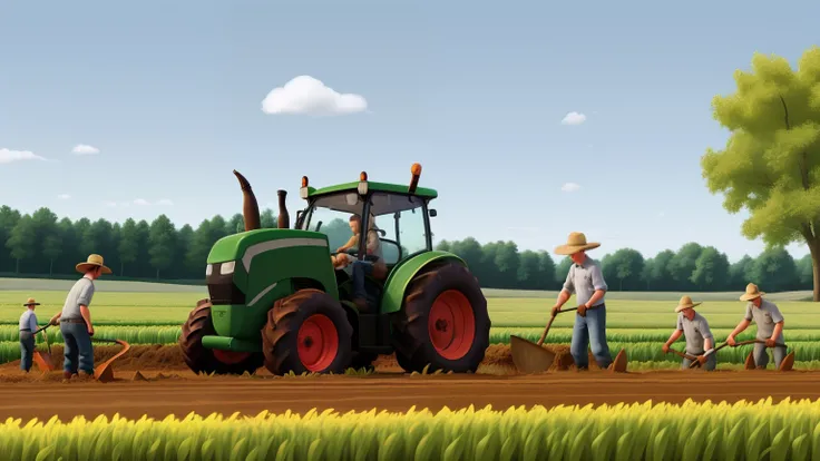 Three farmer friends are digging in the field with their spades, detailed picture