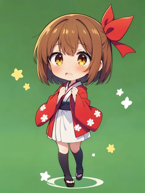 1girl,kimono,chibi,full body,green background,short hair,brown hair,brown eye,staning,put hands on body,put a red ribbon on your head,(panicked look:1.5)