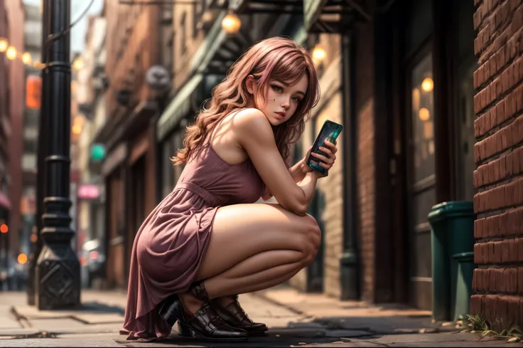 woman in pink dress squatting down on a brick sidewalk taking a picture, exposed thighs, pretty face with arms and legs, checkin...