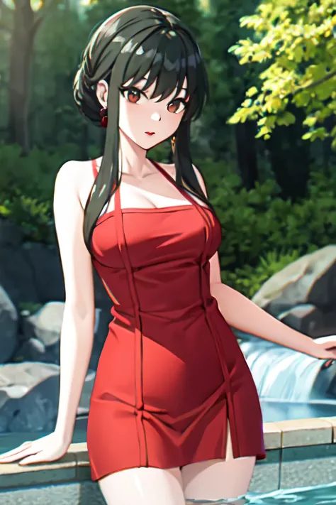 ((best quality)) ((high quality)) adult yor forger at water fall swimming wearing red swimming frock