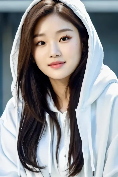 a close up of a person wearing a white outfit and a hoodie, jossi of blackpink, jaeyeon nam, roseanne park of blackpink, wan adorable korean face, lee ji-eun, lee ji - eun, park ji-min, portrait of jossi of blackpink, heonhwa choe, blackpink jennie, ruan j...