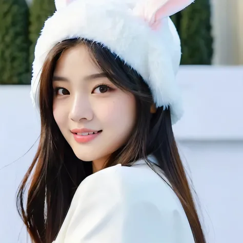 a close up of a person wearing a bunny hat and a white jacket, jossi of blackpink, blackpink jennie, lalisa manobal, lalisa manoban of blackpink, roseanne park of blackpink, jaeyeon nam, wan adorable korean face, portrait of jossi of blackpink, park ji-min...