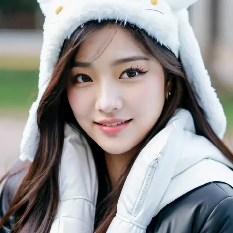 a close up of a person wearing a bunny hat and a white jacket, jossi of blackpink, blackpink jennie, lalisa manobal, lalisa manoban of blackpink, roseanne park of blackpink, jaeyeon nam, wan adorable korean face, portrait of jossi of blackpink, park ji-min...