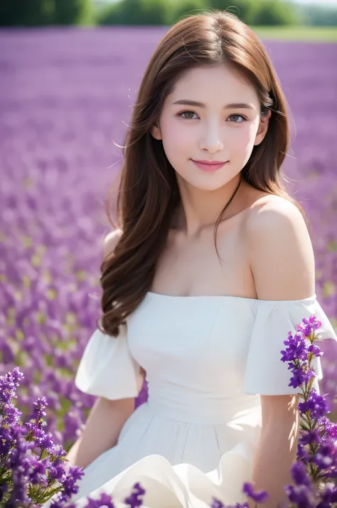 best quality, masterpiece, Ultra-high resolution, (Reality:1.4), RAW photos, 1 Girl, White Dress, Off-shoulder, Blooming violet flower field, Radiant Skin, A faint smile