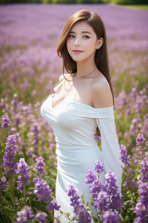 best quality, masterpiece, Ultra-high resolution, (Reality:1.4), RAW photos, 1 Girl, White Dress, Off-shoulder, Blooming violet flower field, Radiant Skin, A faint smile，Big breasts