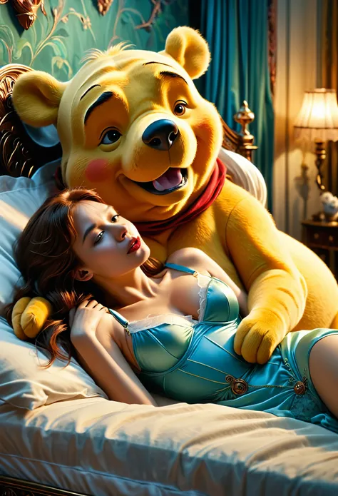 (masterpiece, 8K, UHD, RAW), A sexy brown haired girl kissing a evil winnie the pooh in bed, (((a beautiful young woman riding on top of one huge horrific winnie the pooh))), (she rides the male winnie the pooh with lustful femininity), her beautiful body ...