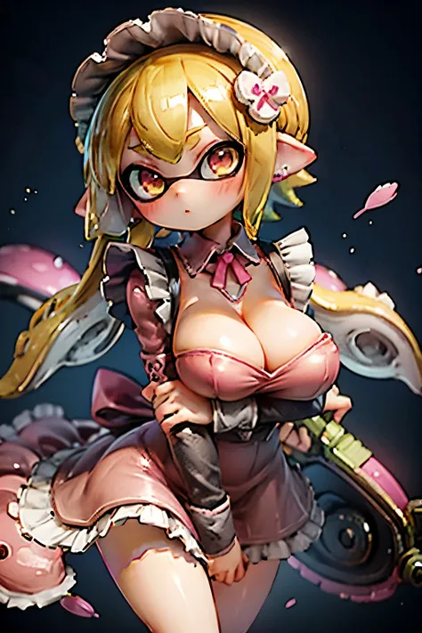 Splatoon Girl、Big Breasts、Cleavage、((Pink maid outfit))、Lots of accessories、blush、Golden Eyeicro Mini Skirt、