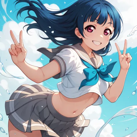 yoshiko tsushima love live,serafuku, gray mini skirt, slightly from behind,v,wind  navel, breasts, smile