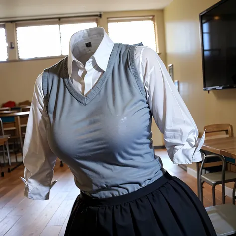 kibito high school blouse, school blouse, glasses, sweater vest, plaid skirt, leaning forward, fat, cute big breasts, (invisible, no human, headless, handless:1.5)