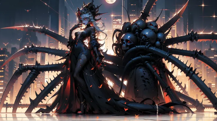 chedevr,Best quality at its best,ultra - detailed,realistically,valid,photo,1 inch girl with giant breasts,One,tiaras,Ear and nipple ring,Pearls and jewelry,full body, lesbian,long nails,black dress,Spider leg,horror theme,fears,Sinophobia,night,moon,