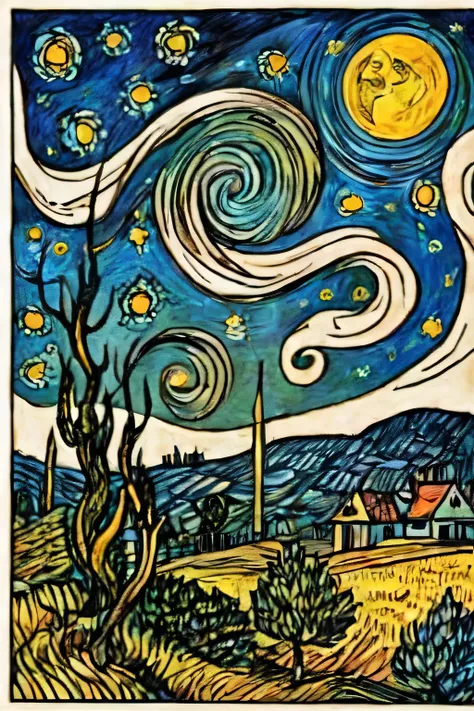 Bloodstainedai,vincent van gogh (style),starry night,clean line work,high contrast,cell shading,on parchment,till Eulenspiegel,by Val Munteanu,Val Muntenau illustration,(masterpiece, best quality, high quality, highres, ultra-detailed),