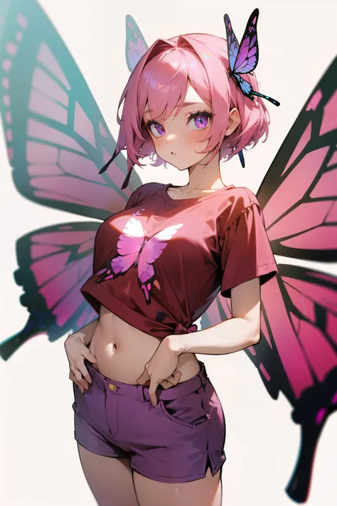 Cute girl, short pink hair, violet eyes, butterfly antennae, hair tie, butterfly wings, red t-shirt, short pants, big breasts,