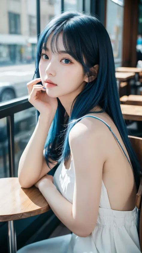 Korean woman sitting at a cafe table drinking coffee、Photos of Lee Gahyeon。Window sunlight, Blue Hair, Dynamic pose, Skin Texture, Pale skin, Shiny skin, (slim, small:1.2), [:(Sharp focus on the face, Detailed face, Perfect Eyes, View your viewers:1.2):0.2...