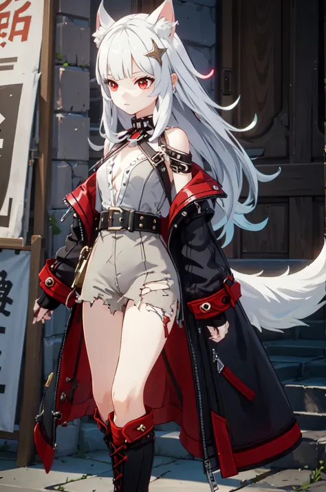 ultra detailed, masterpiece, best quality, solo, 1girl, red eyes, (tsurime:1.2), blunt bangs, white hair, long hair, straight hair, shoulder-length hair, female focus, coat, shirt, pants, studded belt, multiple belts, combat boots, torn clothes, necklace, ...