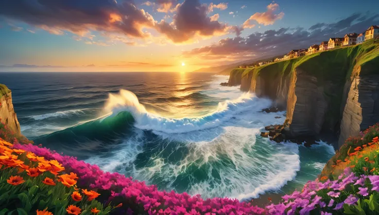 beautiful sunset seascape, big waves crashing against the cliff, colorful flowers blooming on the cliff (masterpiece, ultra quality, high resolution, 8k, intricate: 1.2), (masterpiece), (best quality:1)