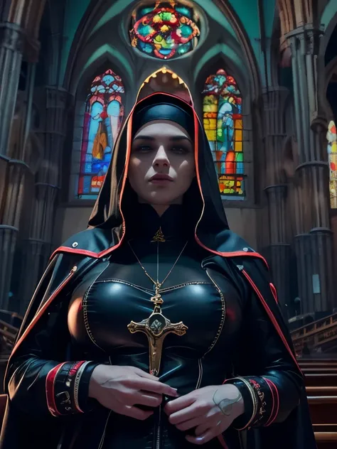 raw, analog) (gothic nun huge breast), set in the 1990s, surreal make up, leather clothes inside a gothic church at night, neon lights, very dark, horror, red shades, chaos, sinister, high details, ultra realistic, SonyA7III, cinematic lighting, film, grai...