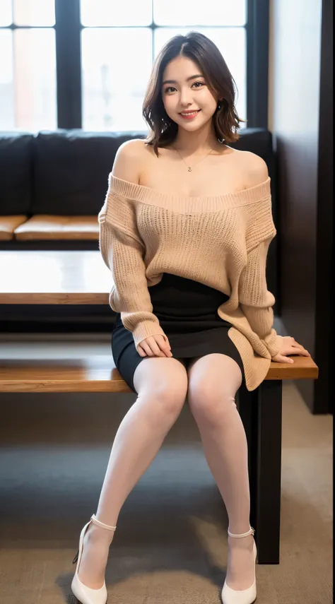 (((masterpiece))), (((Highest quality: 1.4))), ((Very detailed: 1.4)) , ulzzang-6500-v1.1, (RAW Photos:1.2), (Photorealistic), (Genuine:1.4), Sharp focus、Off the shoulder、Realistic female college student wearing a cashmere knit dress、Ultra-realistic pantyh...