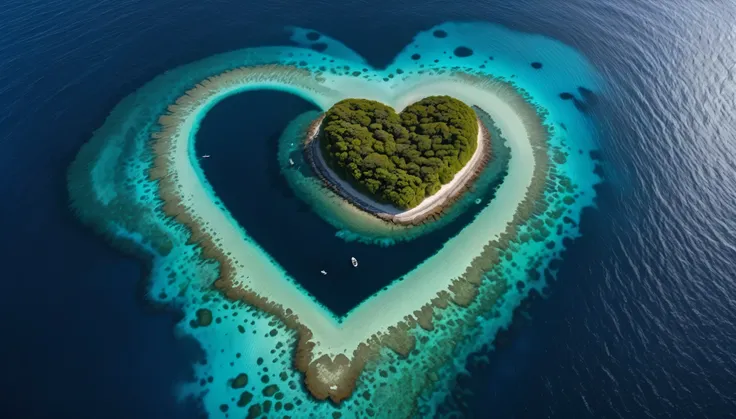 Photo taken with Sony A7IV with 18mm lens, deep blue ocean view from above, a small heart-shaped island in the middle of the ocean (masterpiece, ultra quality, high resolution, 8k, intricate: 1.2), (masterpiece), (best quality:1)