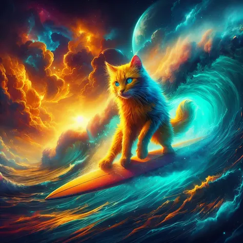 the bravest wild surfboarding yellow cat in a dramatic storm, 8k resolution, all the planets of the universe all the flowers of the sea all the beauty of this glowing earth for only few to see.