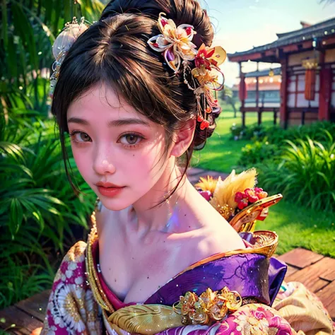 (PUNIPUNI clavicle KIMONO ((offshoulder)) KANZASHI FlowerHairpins Topknot TwinBun Oiran-Hair)High-level, 8K Masterpiece TopQuality, Ultra-detailed CG, Absurd detailed wallpaper, PerfectLighting, Extremely detailed (((Personifying " OIRAN " as a KAWAII Girl...