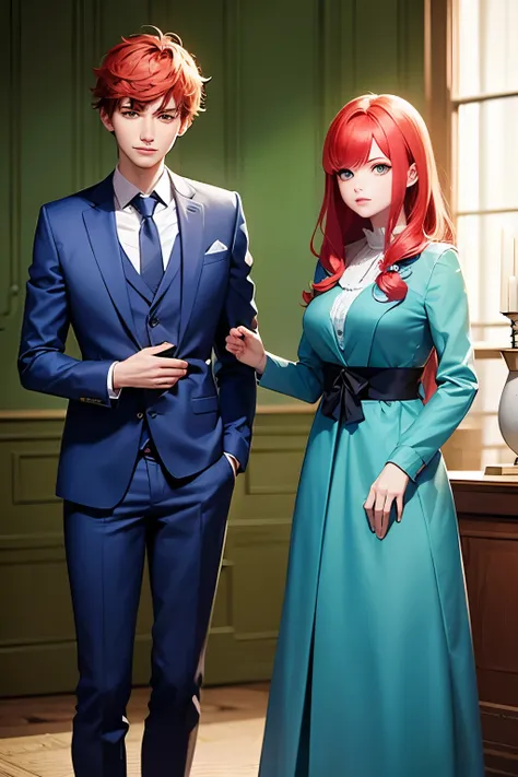 A boy with green suit, red hair and a girl with blue dress, blue hair